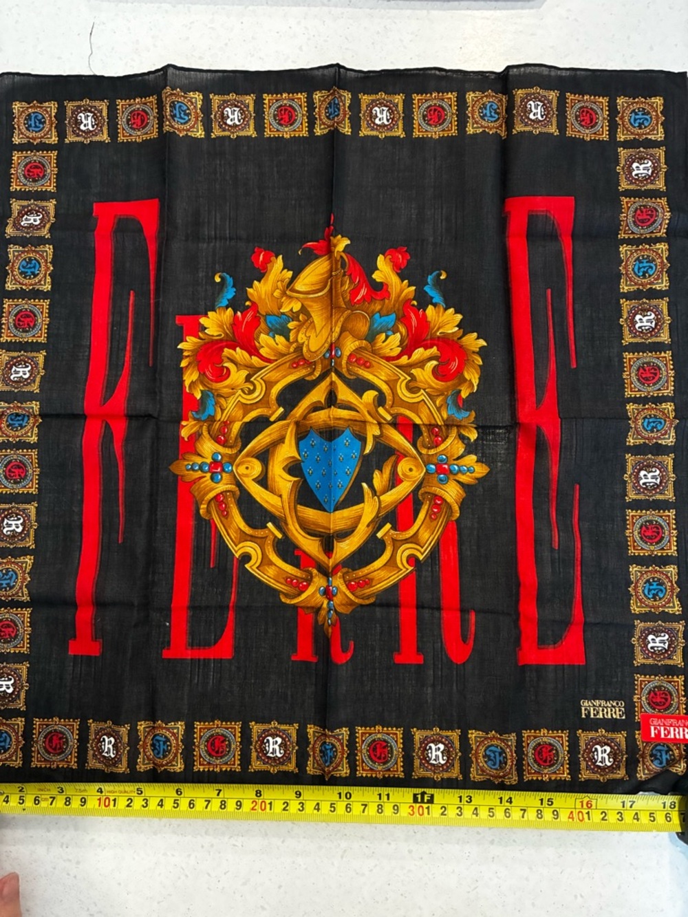 Gianfranco Ferre Black Silk Scarf with Gold, Red and Blue Medallions